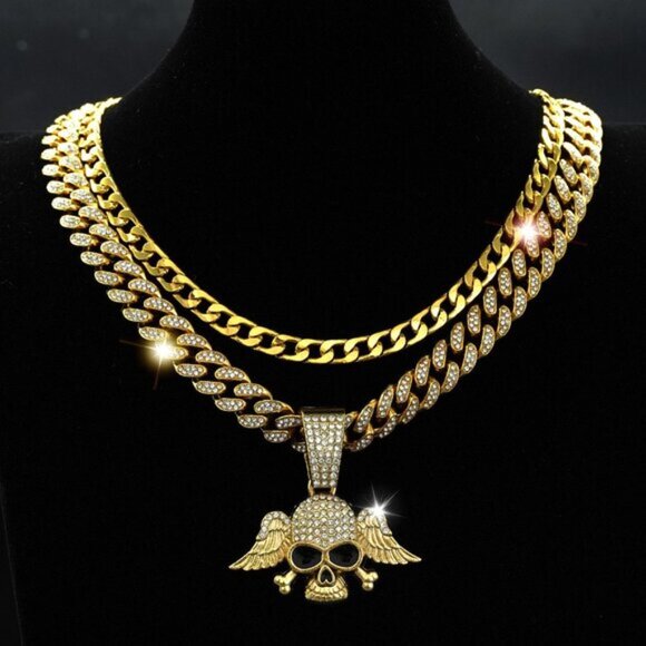 Fashionable double-layered skull necklace with full diamonds